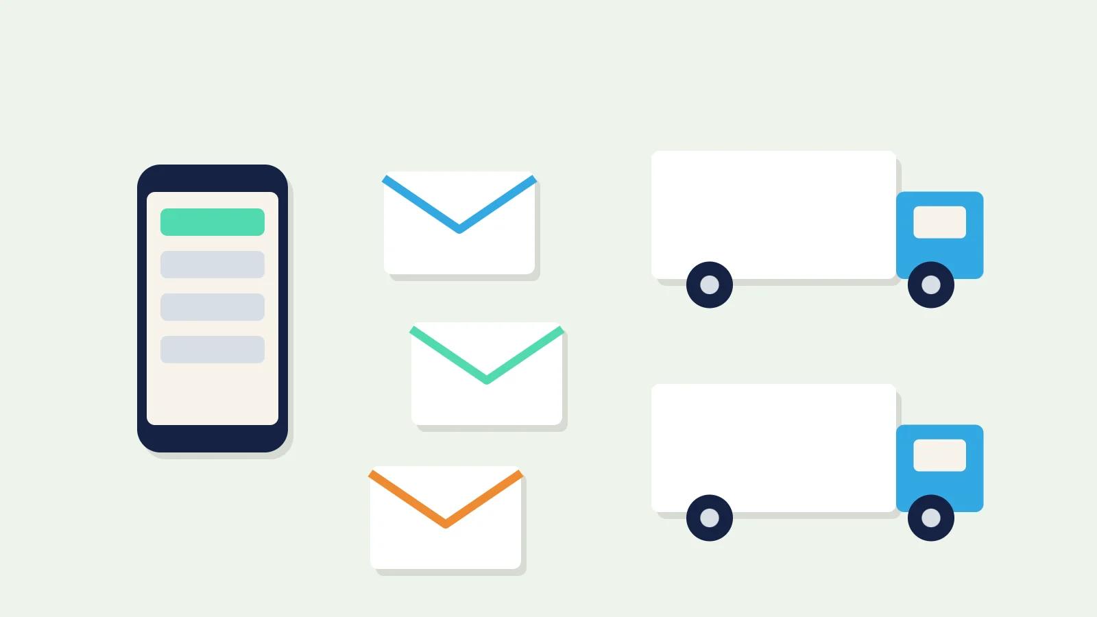 Illustration of restaurant ordering by email: a phone order sending emails to three suppliers and their delivery vans