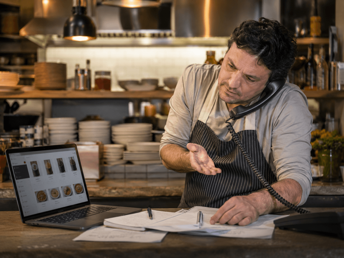 Restaurant operator placing an order by phone.