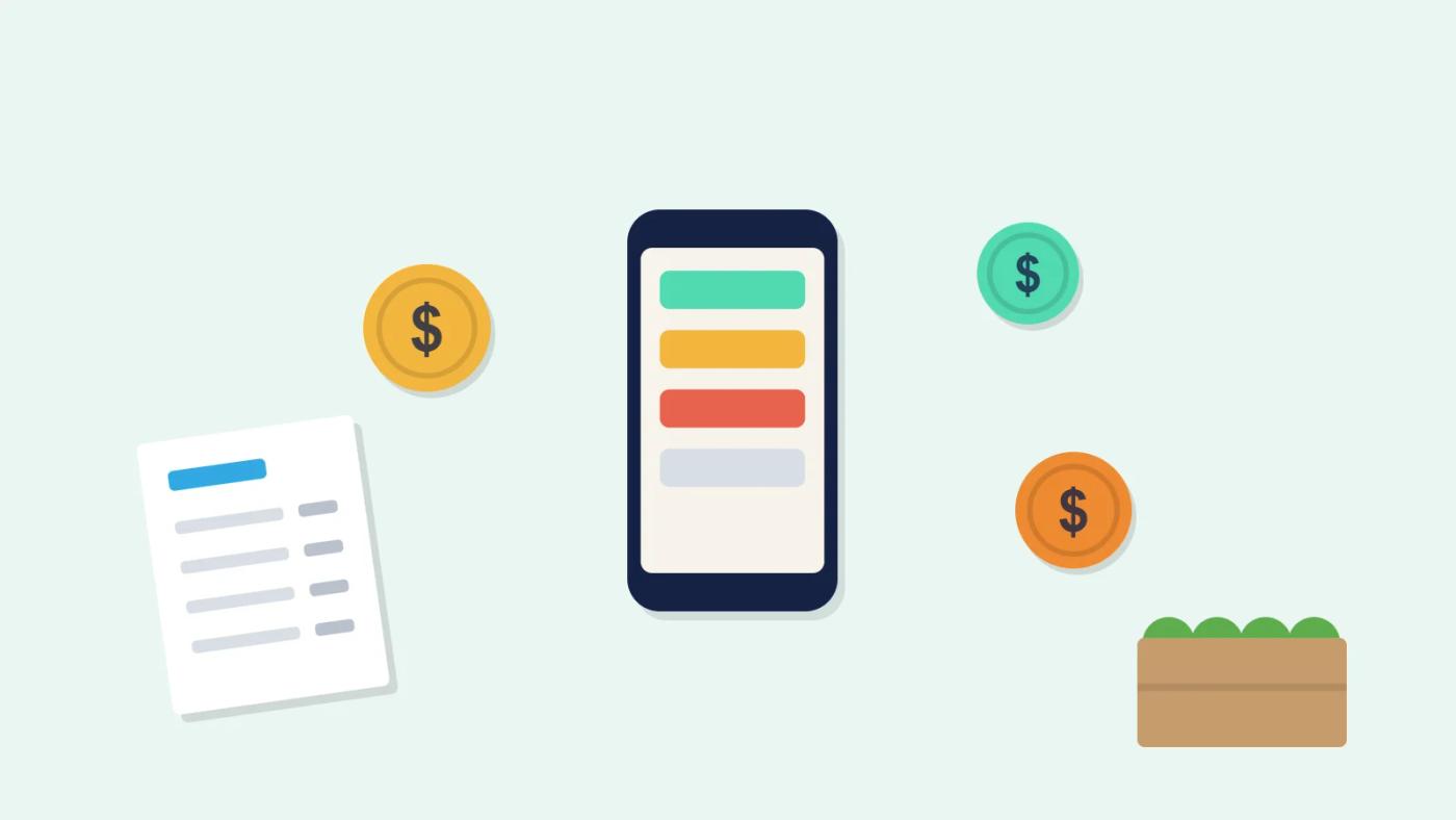 Illustration of an AI restaurant manager: a phone showing a ranked morning briefing beside dollar coins, a supplier invoice and a produce crate