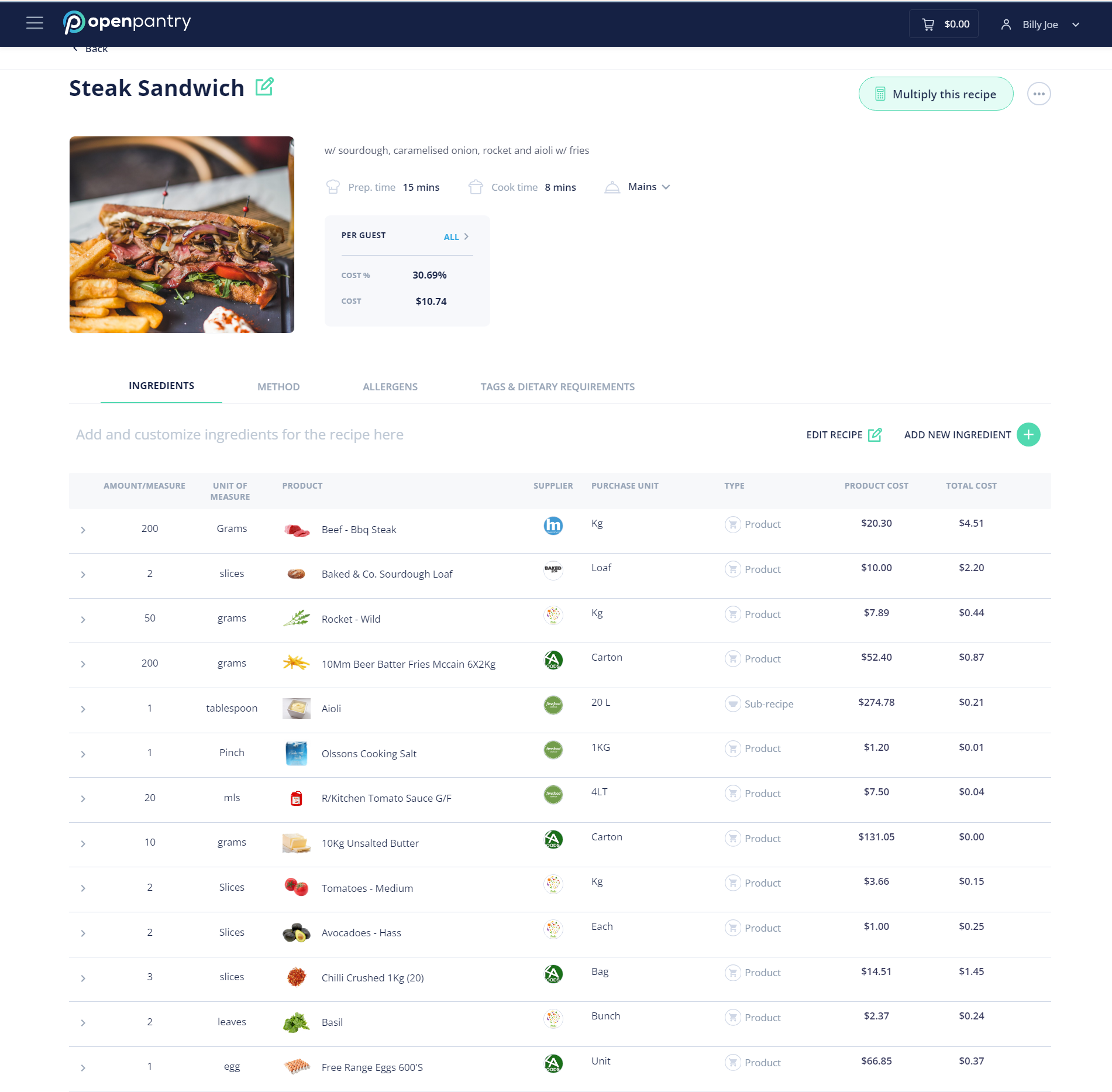 Screenshot of Open Pantry's Menu Costing, featuring the cost of each ingredients used, steps on how the dish is prepared, cooking time and etc.