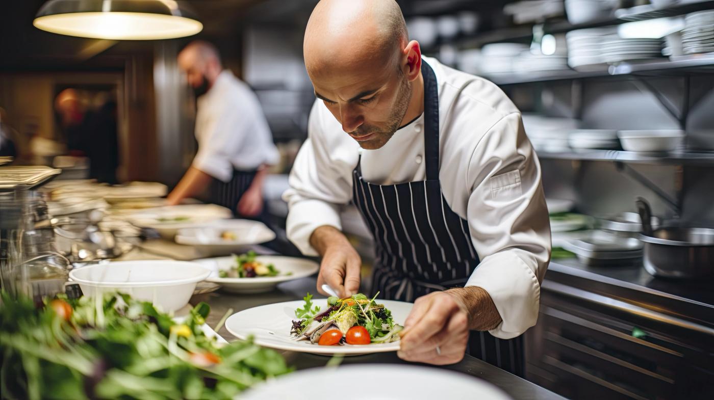 A chef garnishing a dish in a busy restaurant.