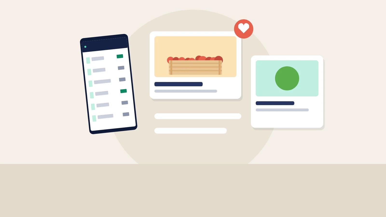 Illustration of a phone and social media cards showing a food supplier's products, with a heart icon.