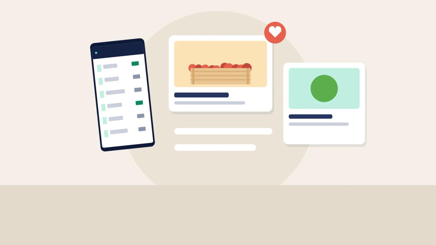 Illustration of a phone and social media cards showing a food supplier's products, with a heart icon.
