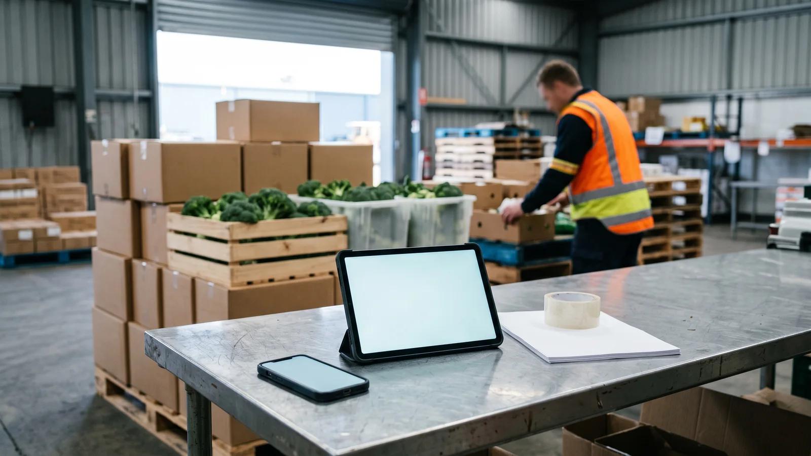 Australian wholesale produce supplier's order desk at dawn, with a phone showing SMS and WhatsApp orders beside a tablet listing captured orders and boxes of broccoli