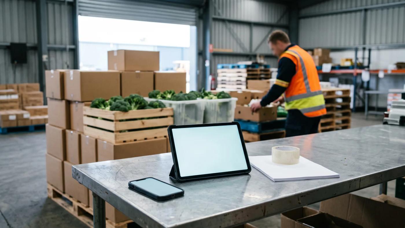 Australian wholesale produce supplier's order desk at dawn, with a phone showing SMS and WhatsApp orders beside a tablet listing captured orders and boxes of broccoli