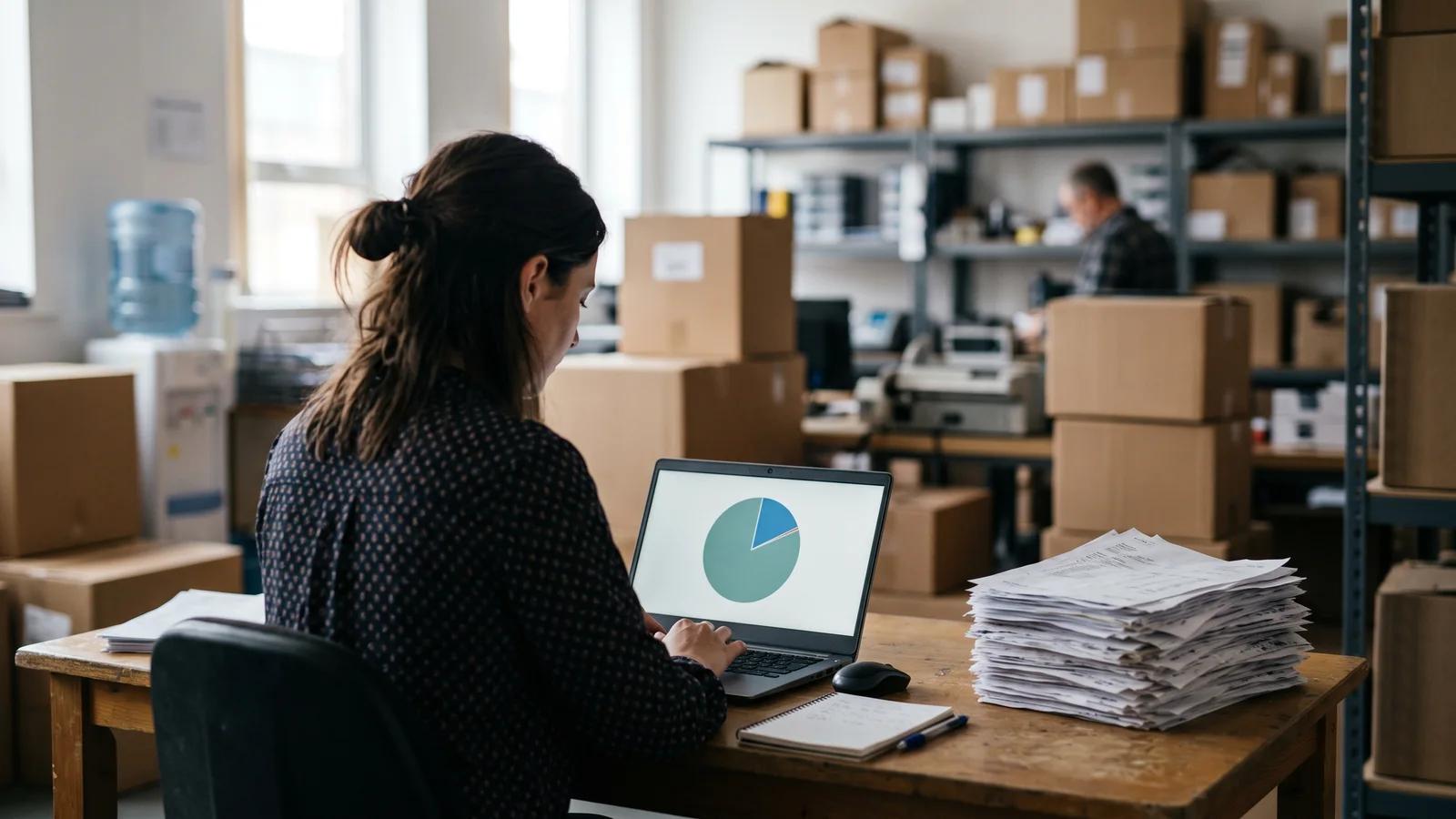 A finance person reviewing a payment-method breakdown, showing most wholesale food payments are trading terms, not card.