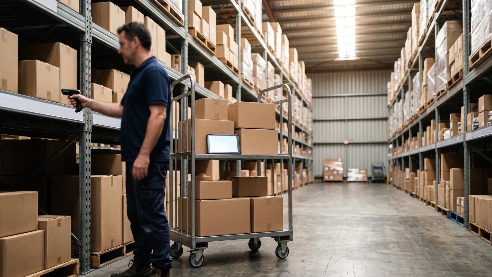 A warehouse worker scanning product shelf labels with a handheld scanner while checking codes against a tablet.