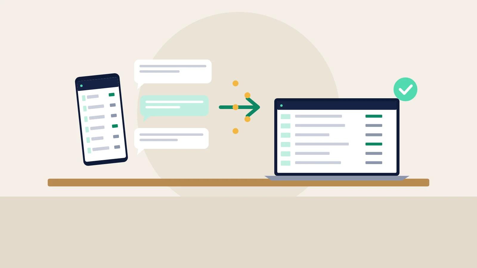 Illustration of customer order messages on a phone being turned into a structured order list on a laptop.