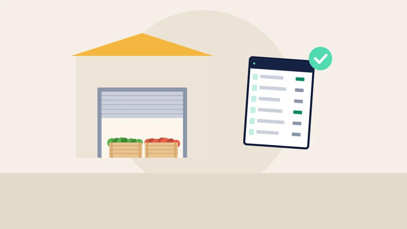 Illustration of a small food wholesaler's warehouse next to a tablet showing a ticked purchase order.