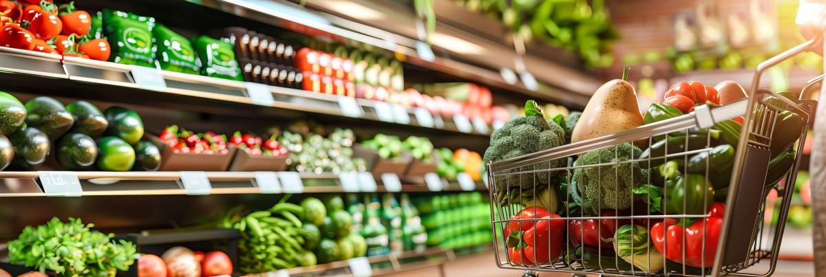 Cart filled with fresh produce in a supermarket aisle, offering a variety of fruits and vegetables.