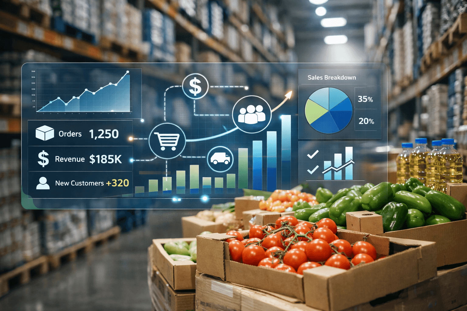 Digital dashboard overlay on top of warehouse shelves or food products.