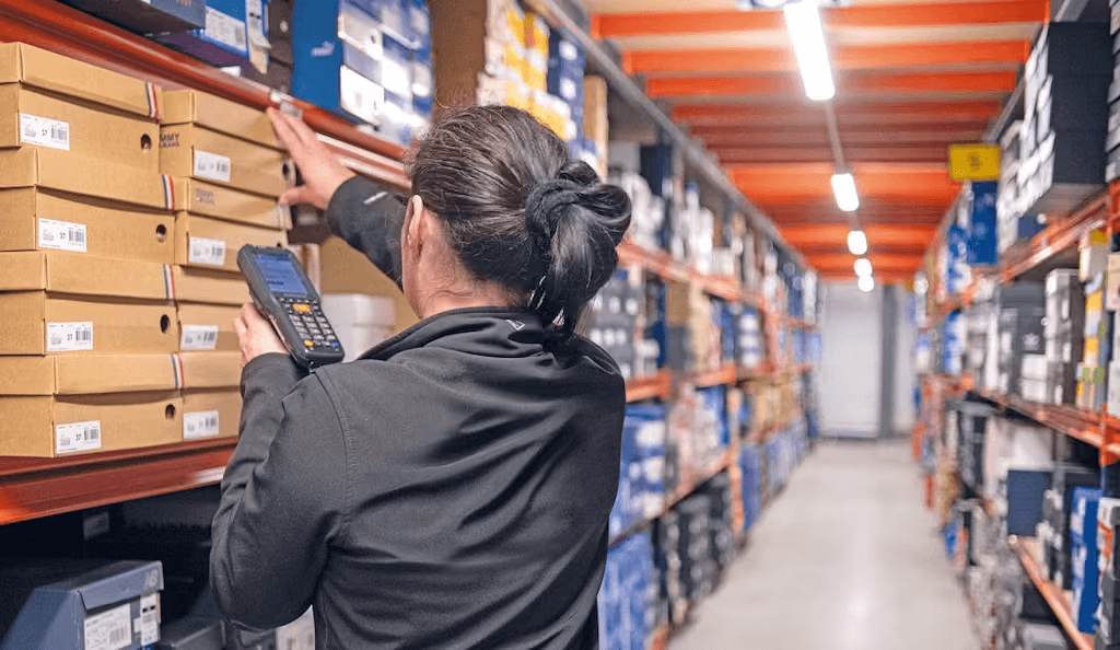 Woman in a warehouse holding a scanner.