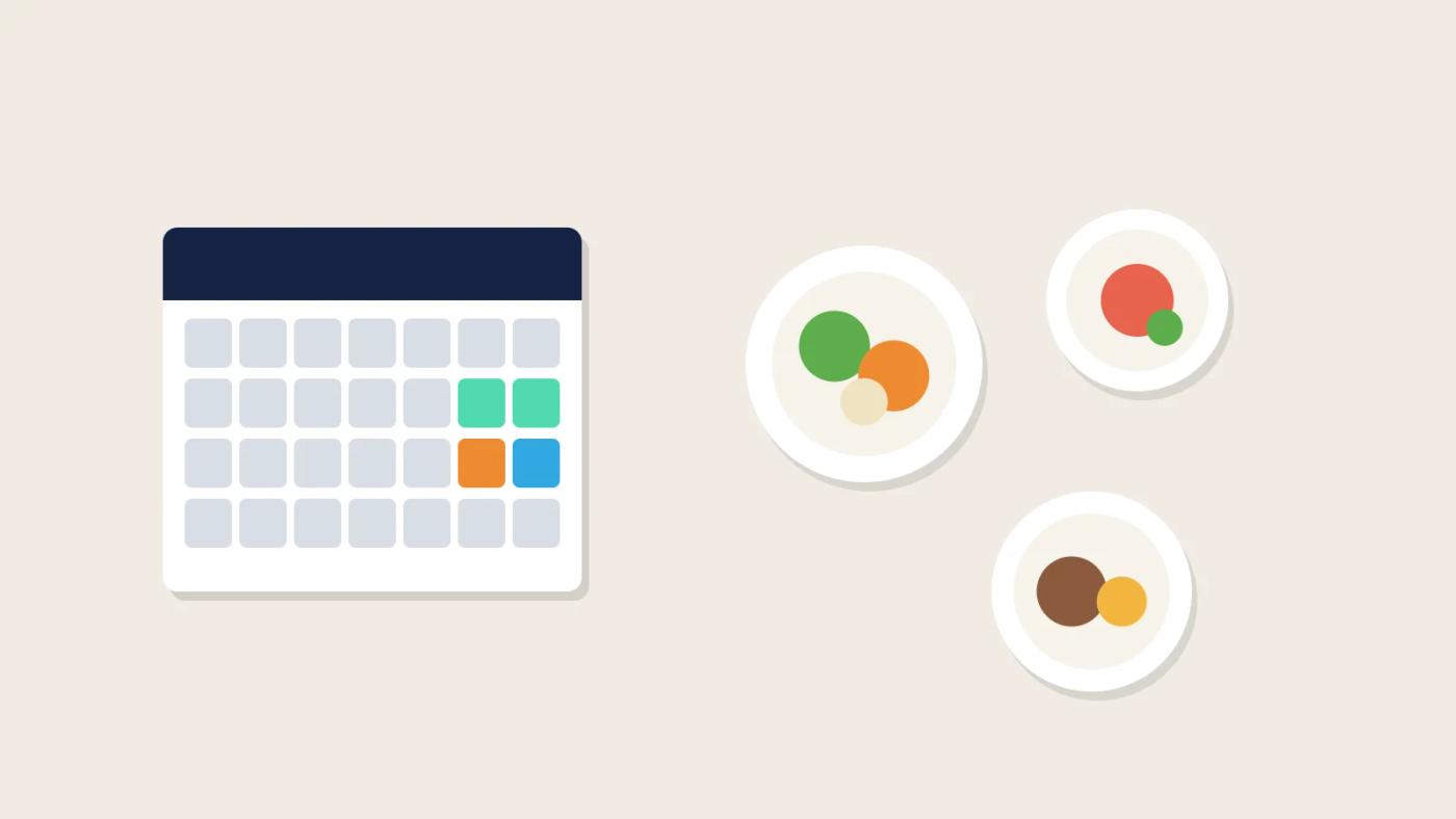 Illustration of a bookings calendar with function dates marked beside plated dishes, showing demand planning for kitchen ordering and prep