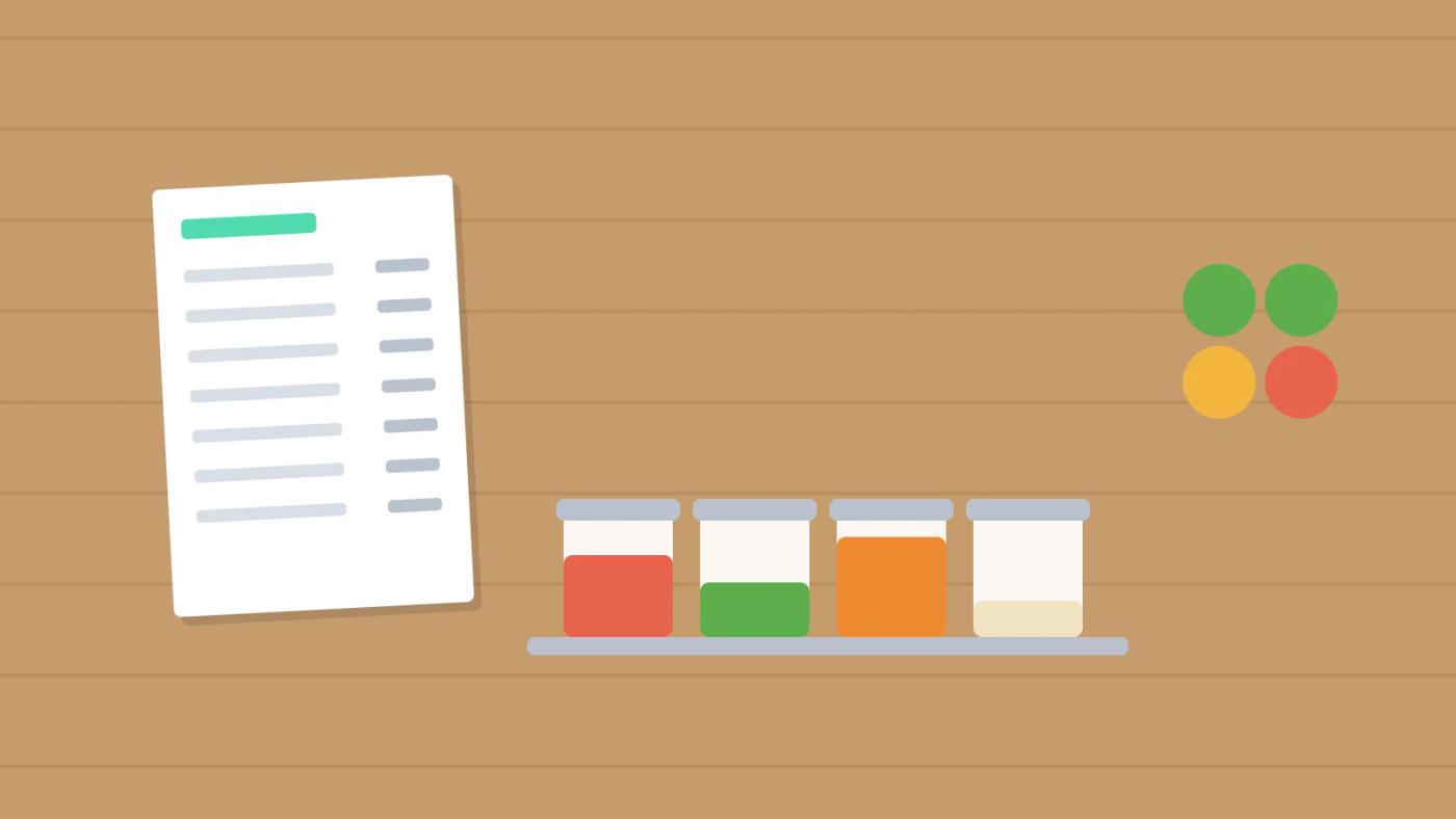 Illustration of a kitchen prep list from forecast sales: a prep sheet, deli containers filled to different levels and fresh produce
