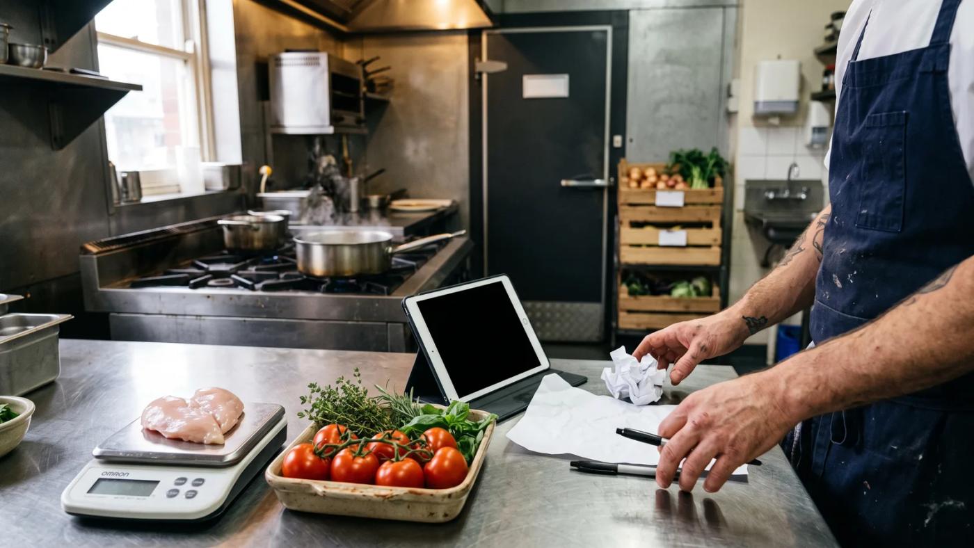 Chef in an Australian restaurant kitchen checking supplier invoice prices against recipe costs on a tablet beside a prep bench of produce and proteins