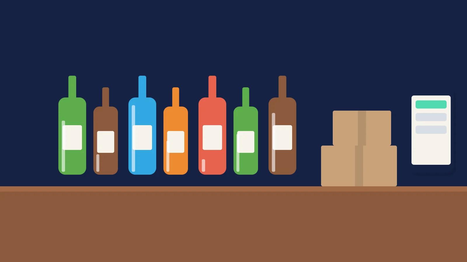 Illustration of a bar stocktake: back-bar bottles at different fill levels, stacked cartons and a phone count sheet