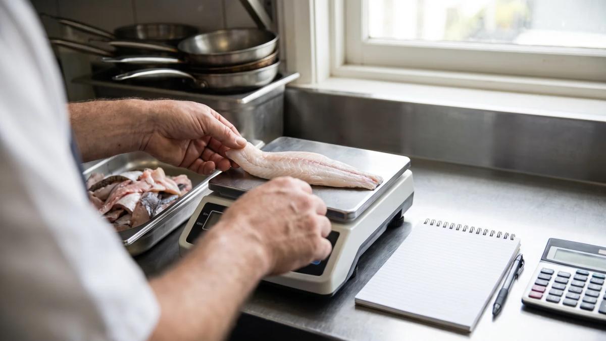 A chef weighing a trimmed portion of fish on a digital scale at a restaurant pass, with a notepad of handwritten calculations beside it.