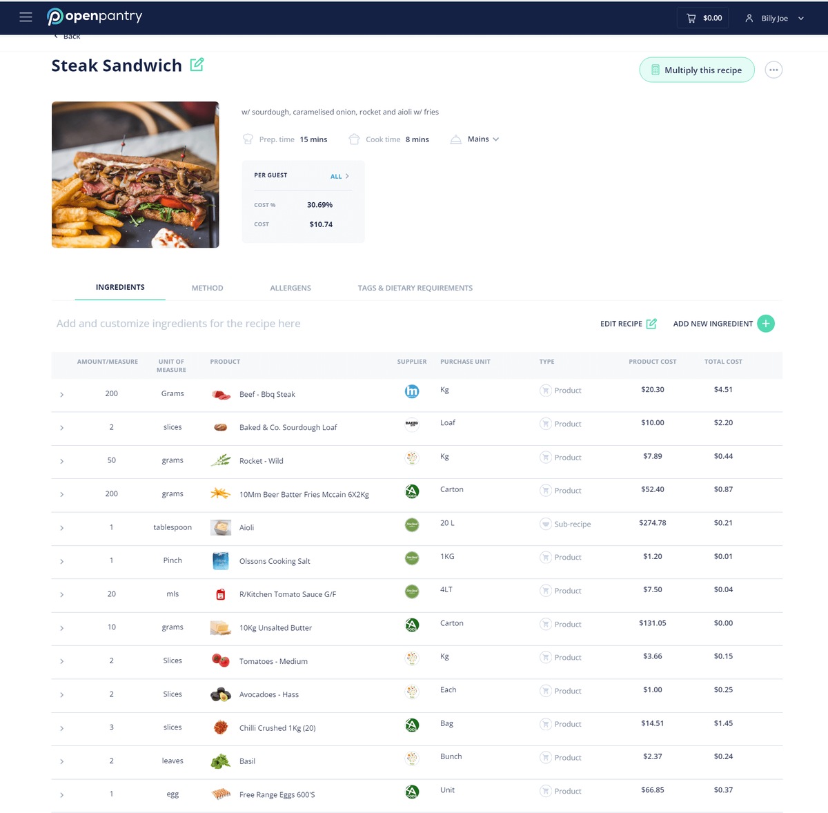 Screenshot of Open Pantry's Menu Costing feature.