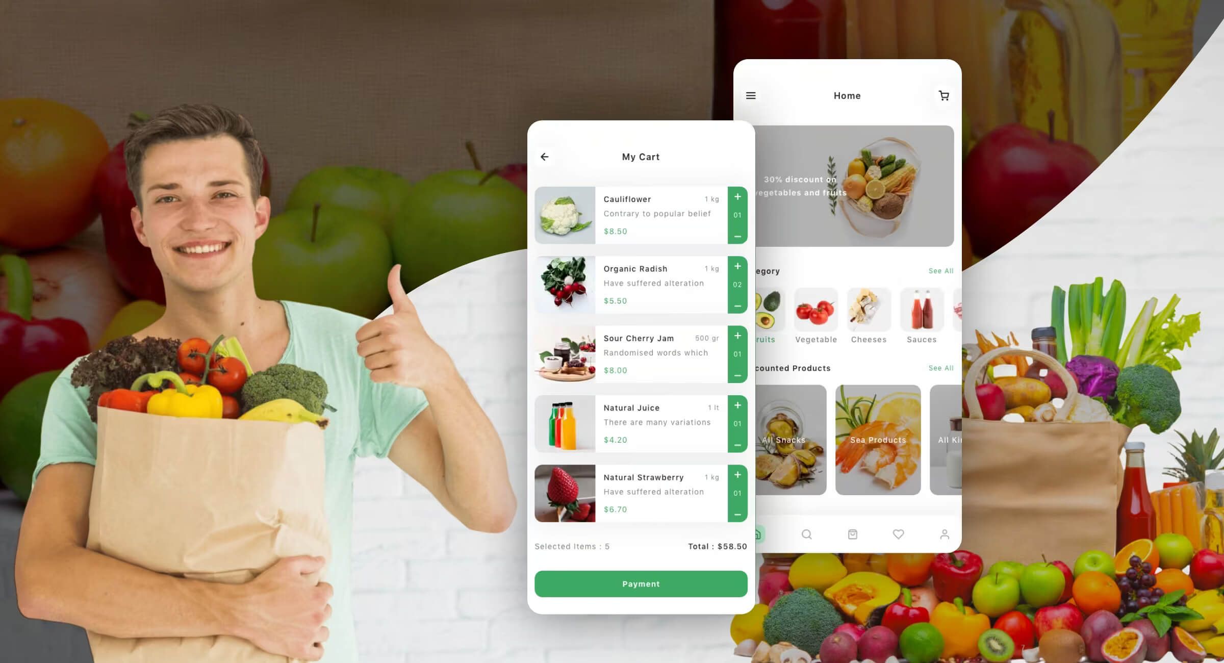 Man holding a paper bag of fresh produce with a grocery ordering app interface in the background.