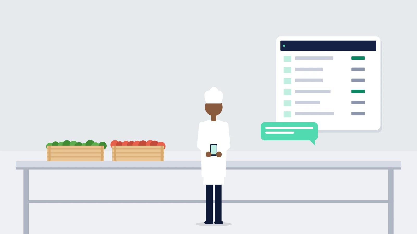 Illustration of a chef ordering stock on a phone in a commercial kitchen, with an order list and confirmation message.
