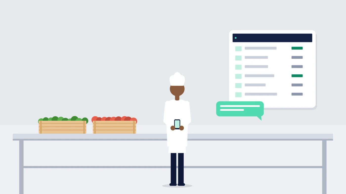 Illustration of a chef ordering stock on a phone in a commercial kitchen, with an order list and confirmation message.