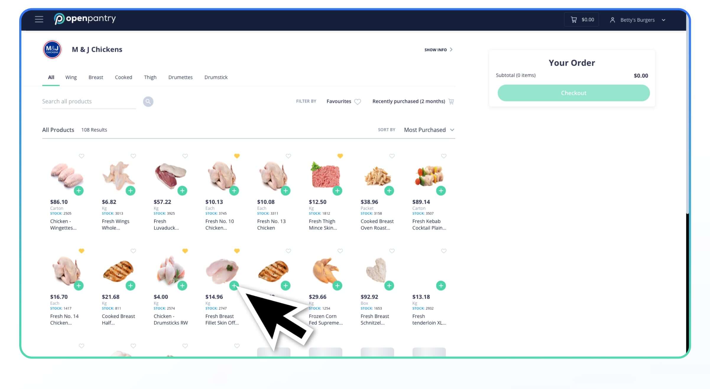 Screenshot of the Open Pantry platform showing the M&J Chickens product catalog with various chicken items and an add-to-cart button highlighted.