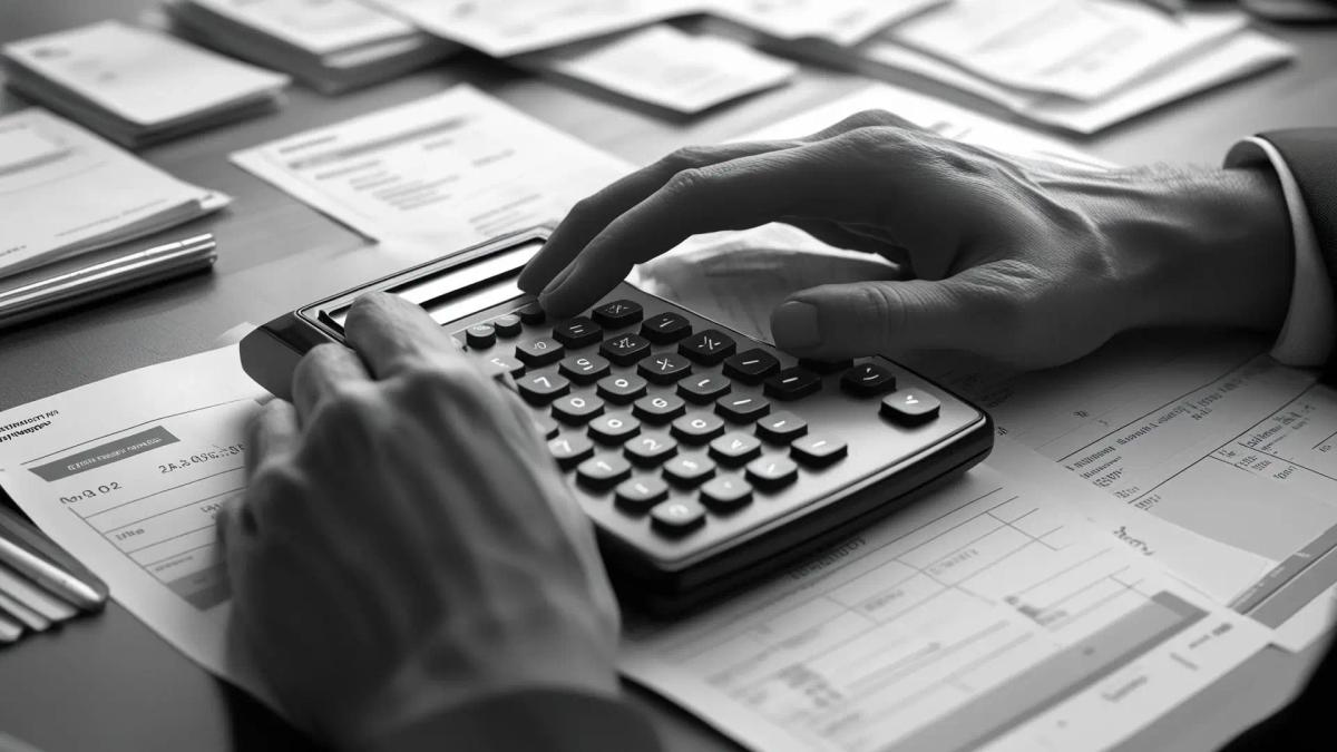 A hand pressing in a calculator.