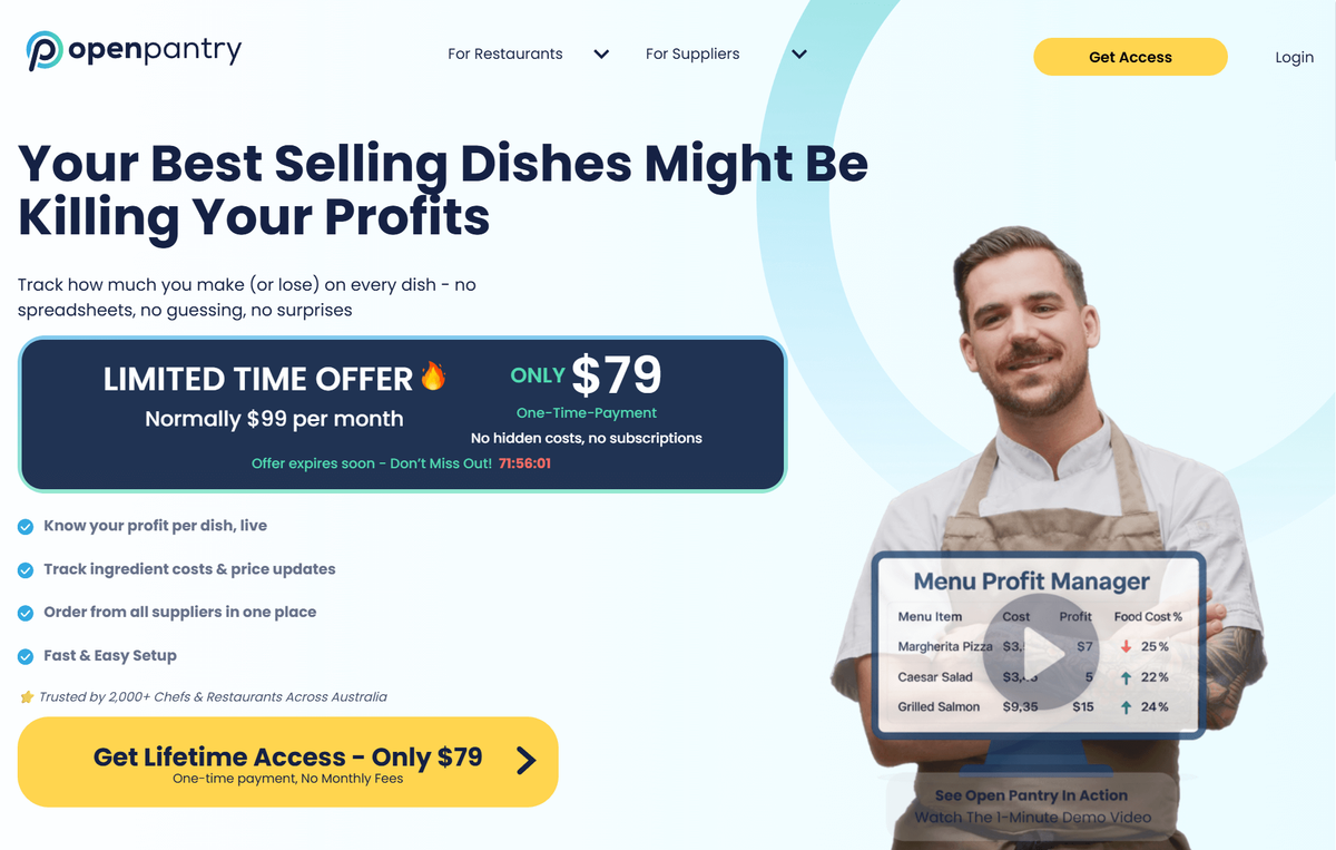 Screenshot of Open Pantry's Menu Profit Manager.