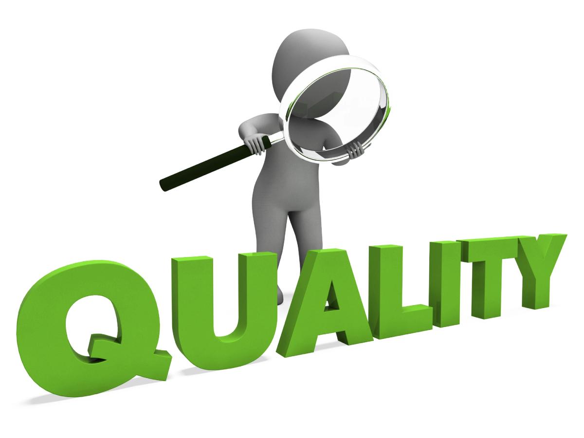 A 3D man holding a magnifying class with the word "quality" being emphasized. 