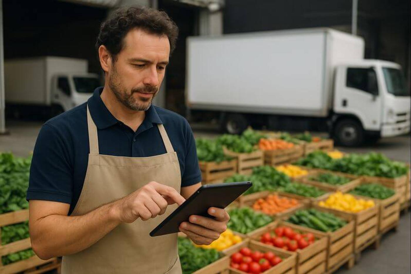 A man holding a tablet, with boxes of fresh produce on the background.