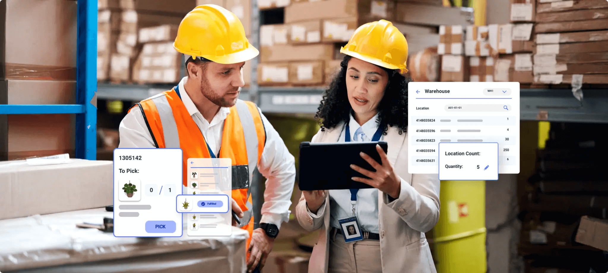 A man and a woman wearing yellow hard hat, discussing in a warehouse about digital inventory.