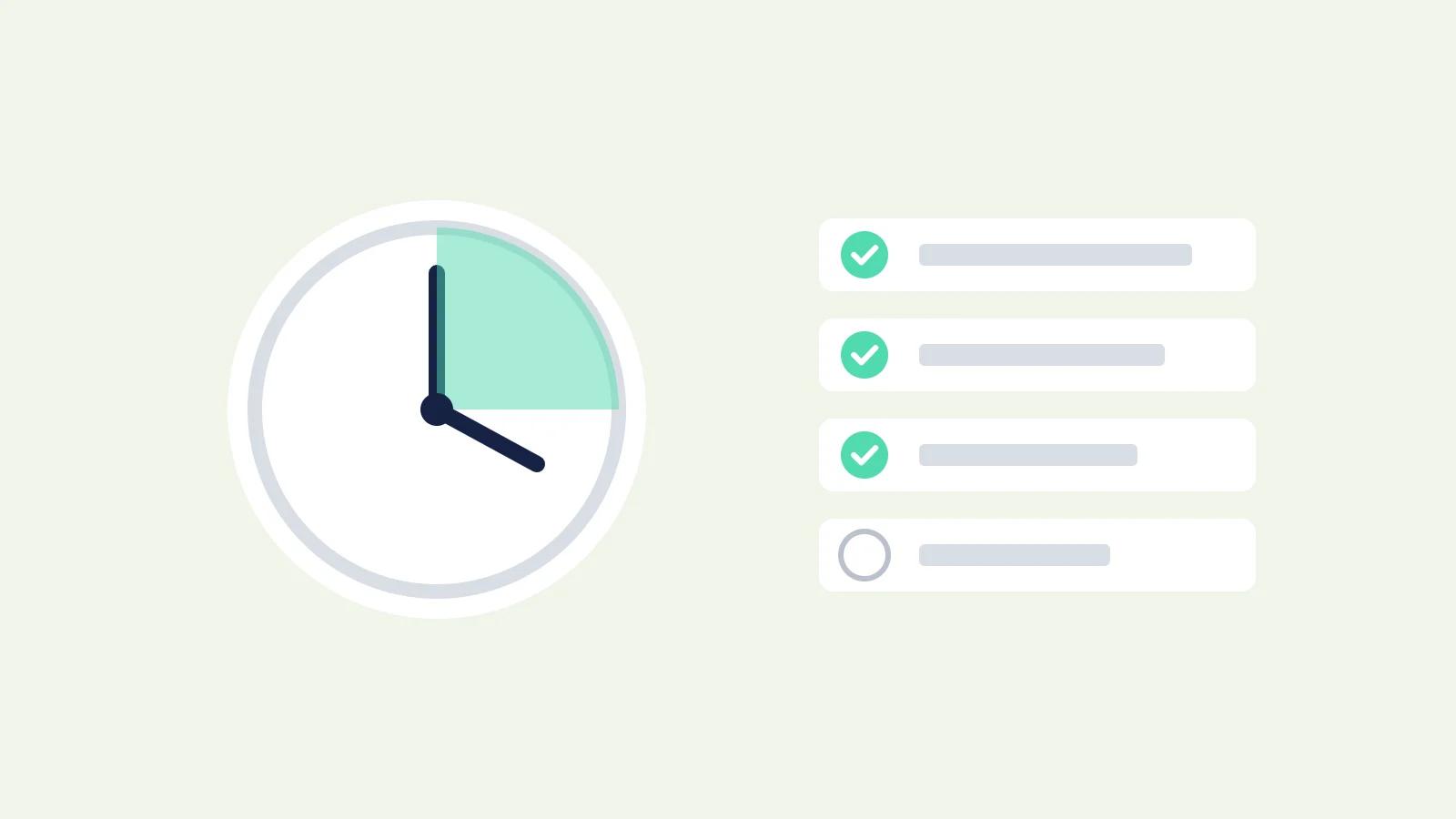 Illustration of restaurant inventory software setup time: a clock beside a setup checklist with three of four steps ticked