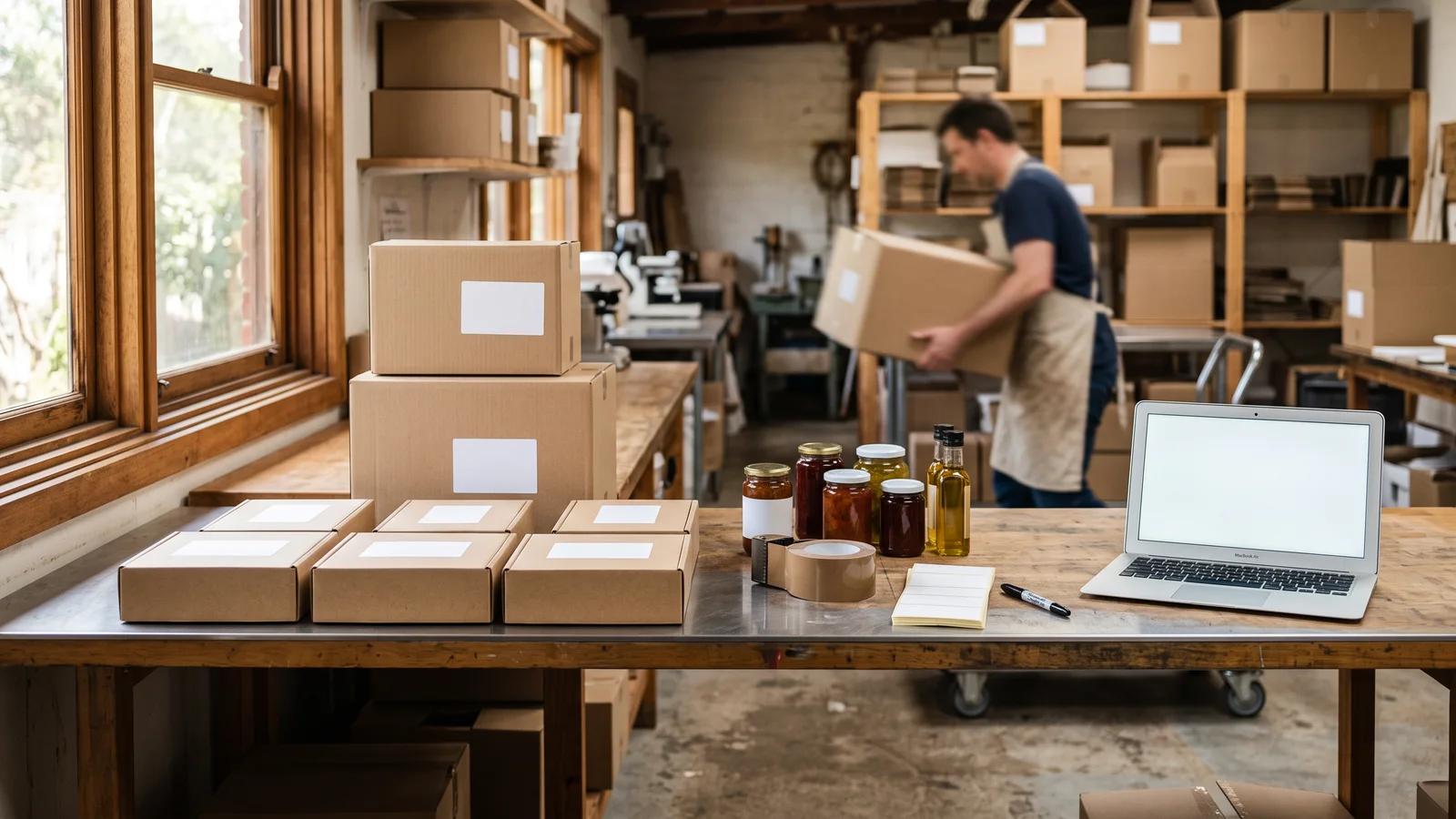 Australian small food producer's packing room with Shopify retail parcels beside wholesale cartons and a laptop showing imported orders ready for pick and pack