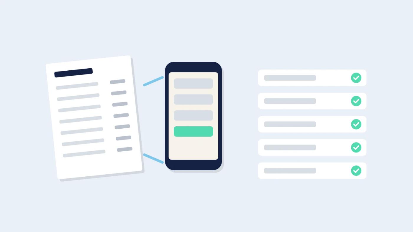Illustration of supplier invoice capture: a phone photographing a paper invoice and the invoice lines matched with ticks