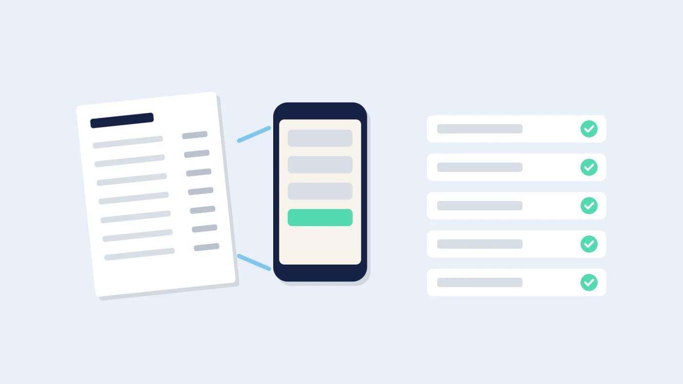 Illustration of supplier invoice capture: a phone photographing a paper invoice and the invoice lines matched with ticks