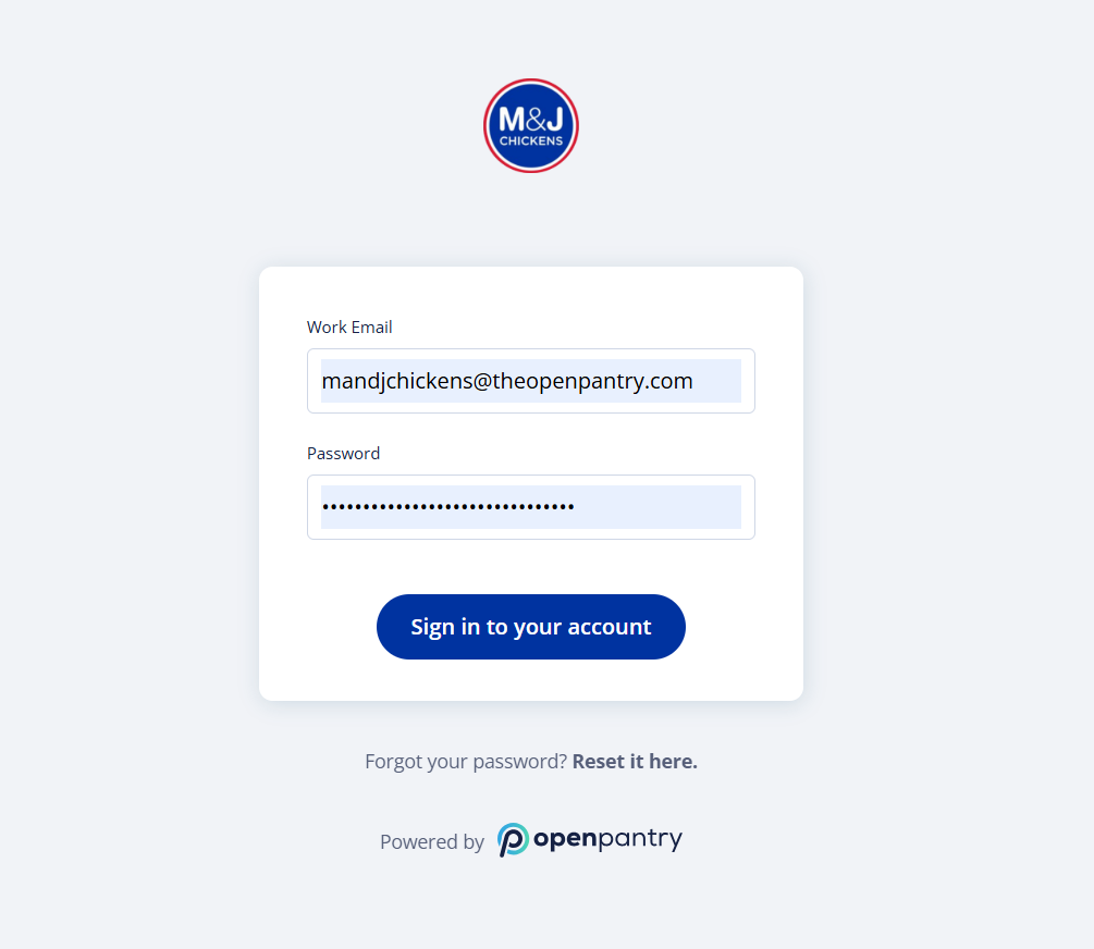 Open Pantry login page with Google sign-in and email login options.