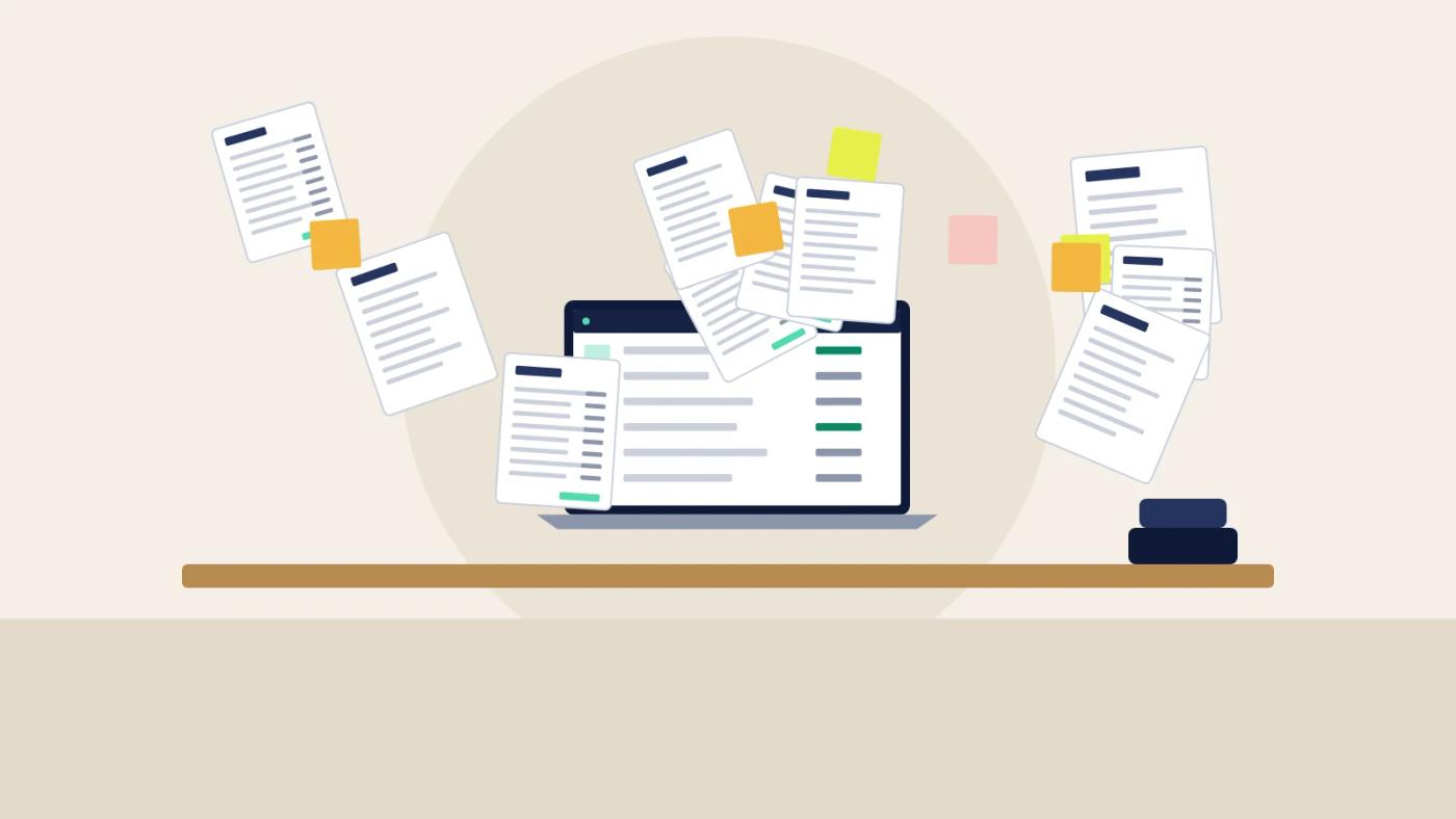Illustration of a desk buried in paper orders and sticky notes around a laptop.