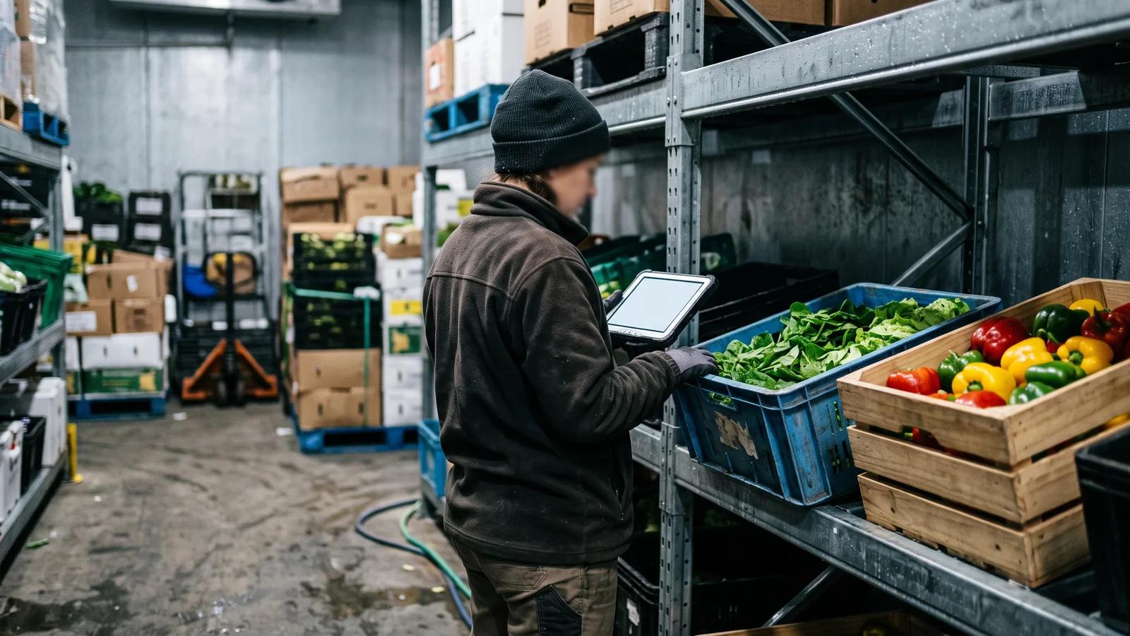 A produce picker in a cool room checking a pick list against loose vegetables, showing fresh food's tricky order matching.