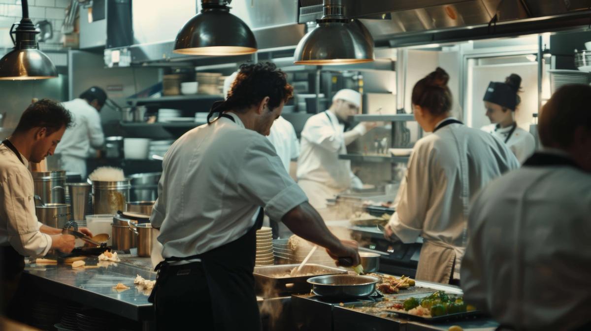 Chefs working in a bustling kitchen.