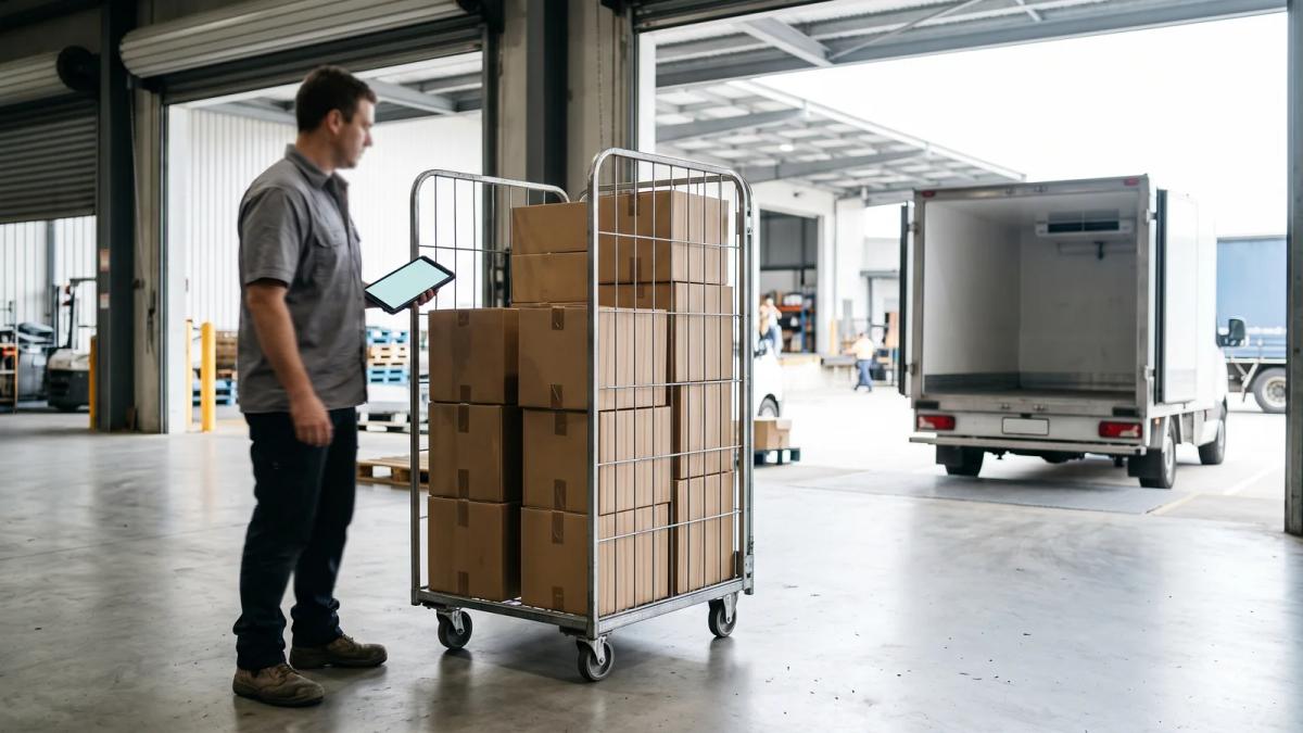 A picker at a wholesale food warehouse checking a trolley of boxed orders against a blank tablet before dispatch.
