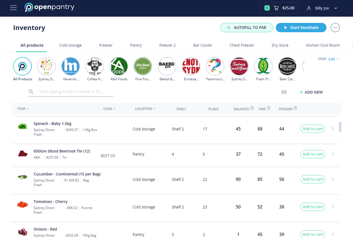 Open Pantry's inventory dashboard displaying stock levels and product details facilitating efficient management.