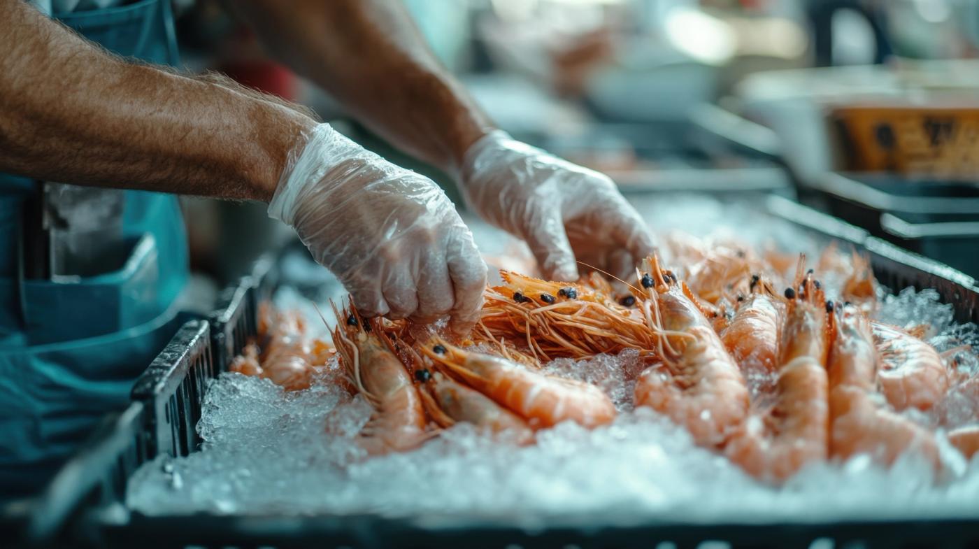 A person in gloves is holding shrimp in a container.