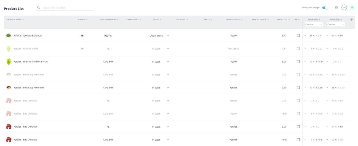 Screenshot of Open Pantry's dashboard with list of products.