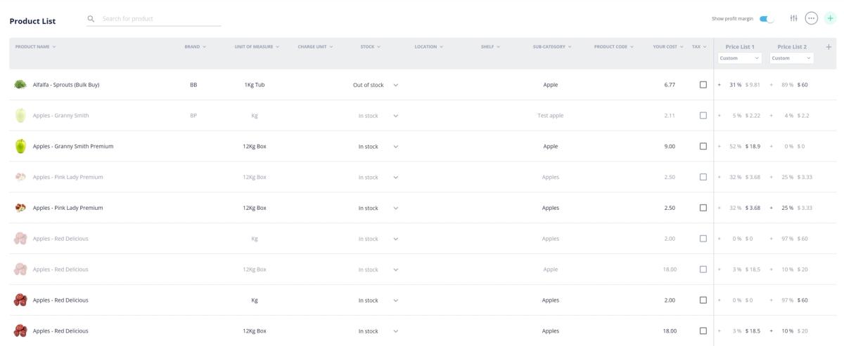Screenshot of Open Pantry's dashboard with list of products.