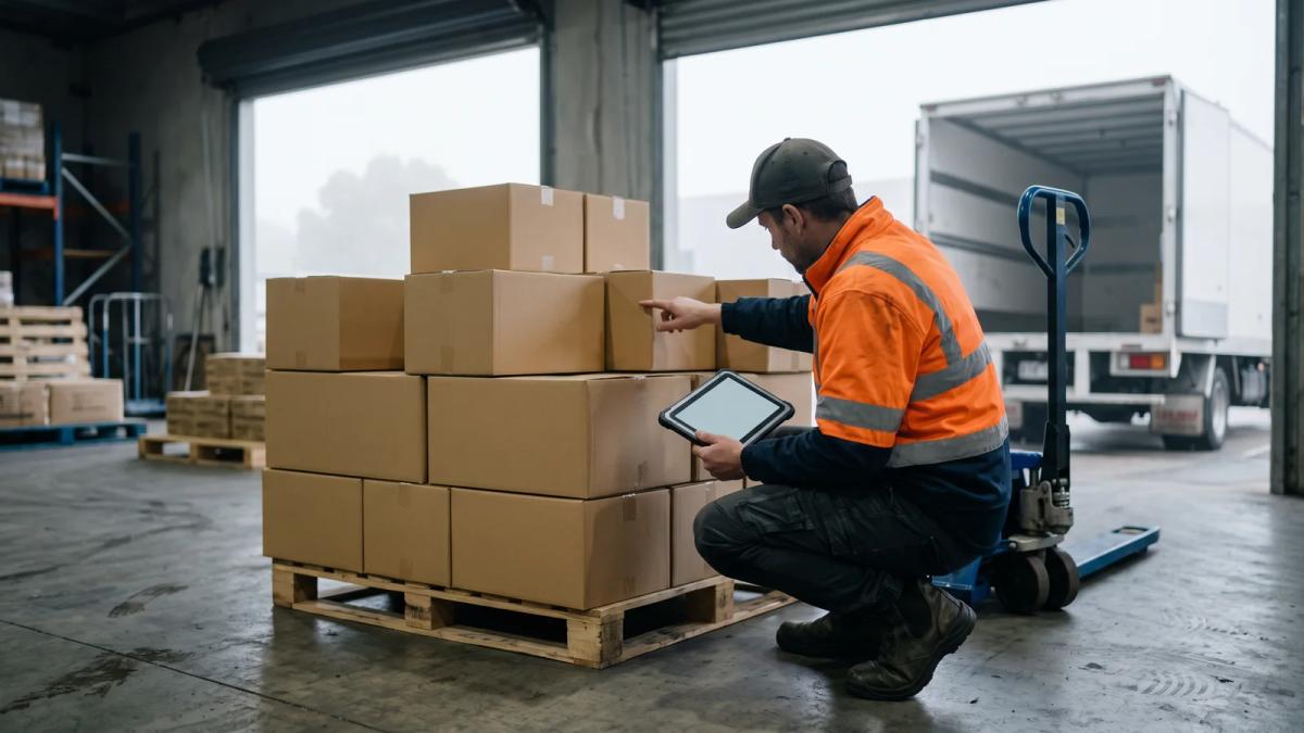 A warehouse receiver counting cartons off a pallet against a purchase order on a tablet at a wholesale food supplier's dock.