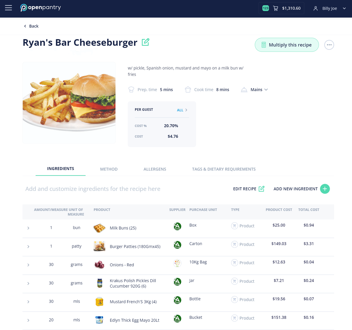 Open Pantry's Menu Costing Tool showing the costing for Ryan's Bar cheeseburger.