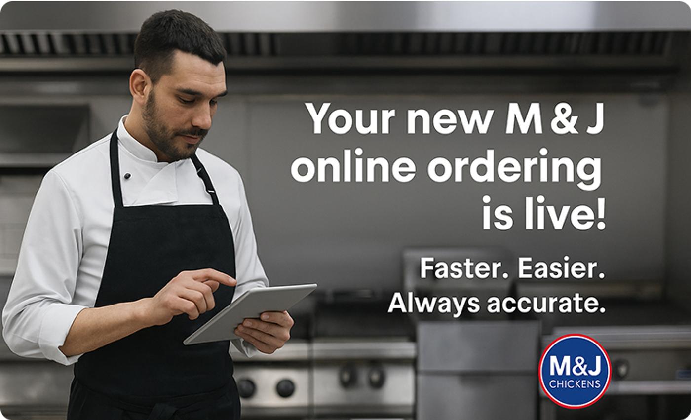 Chef using a tablet with text promoting the new M&J online ordering system.