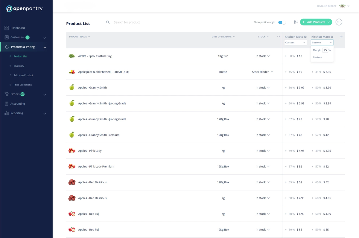 Open Pantry supplier dashboard showing the Product List with items, units, stock status, and customer-specific pricing/margin settings.
