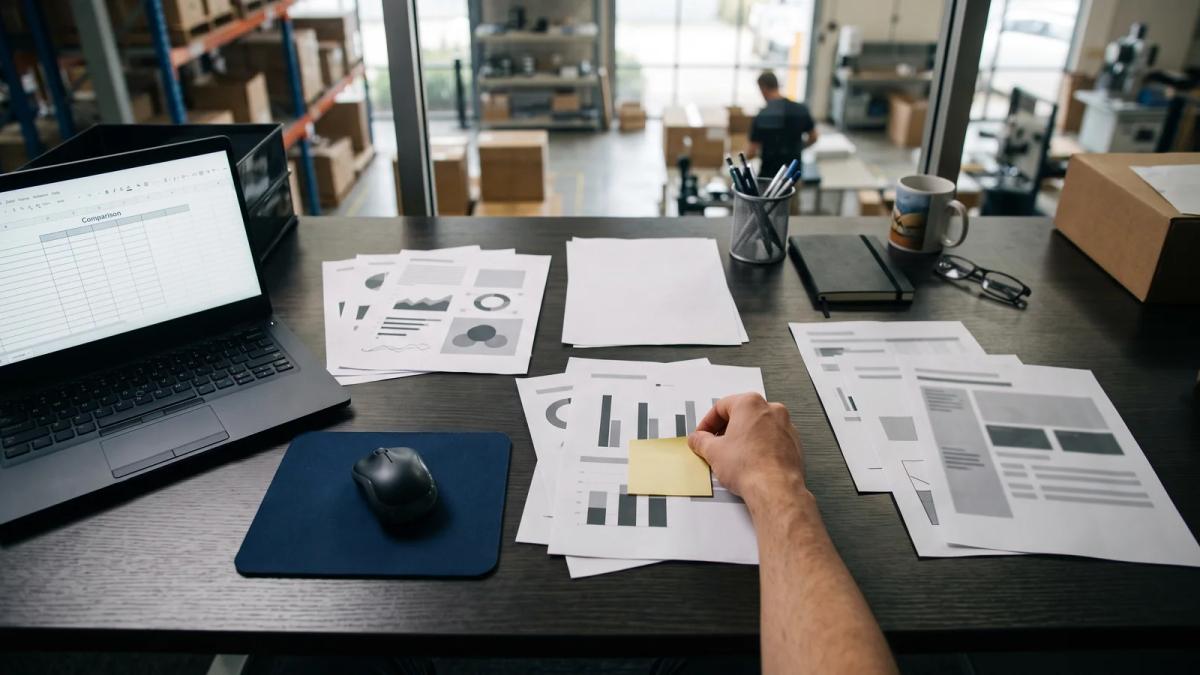 A supplier comparing several ordering-platform options spread across a desk as printed one-pagers, grouped into categories.
