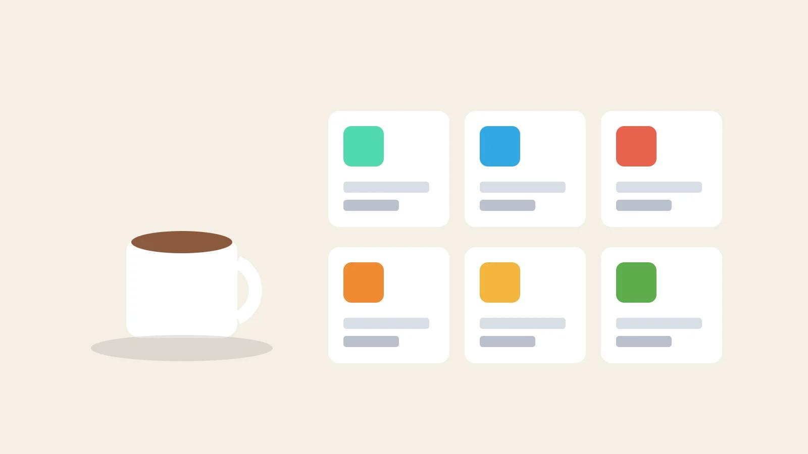 Illustration of a restaurant manager's morning numbers: a coffee cup beside six dashboard tiles for sales, deliveries, prices, waste, stock and approvals